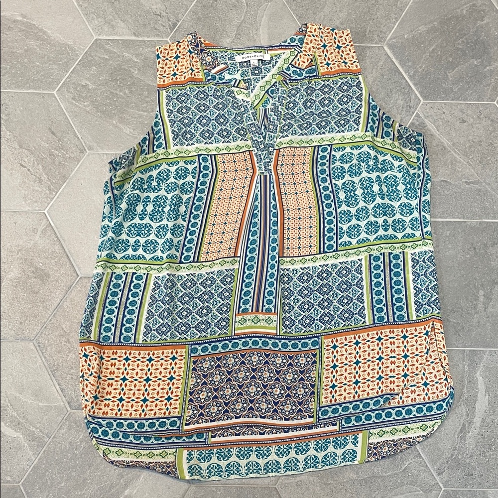 Rose + Olive Sleeveless Geometric Blouse – Blue Green Orange – Size L